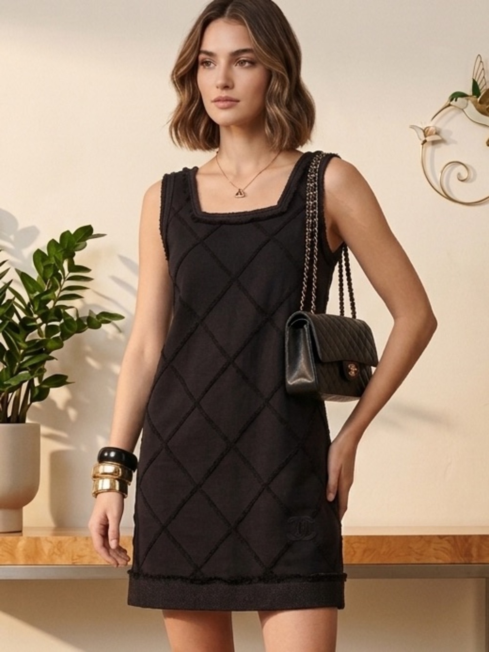 CHANEL Black Sleeveless Quilted Shift Dress